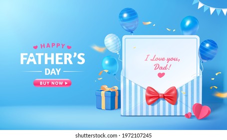 3d sale promo banner for happy Father's Day. Layout design of blue stripe envelope with flying balloon decorations. Concept of gratitude for dads