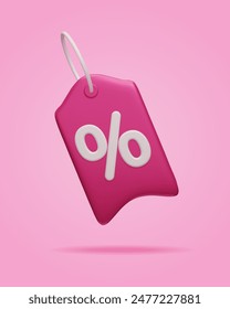 3D sale promotion price tag isolated on pink background. Online shopping percent discount label 3D vector illustration. Pink promo offer coupon hanging retail price tag.