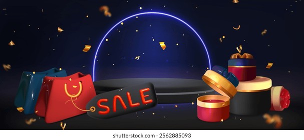 3d sale promotional scene with dark circular podium, blue neon glowing arch, price tag on shopping bags, open gift boxes with golden details scattered confetti. Black Friday special offer and discount