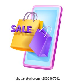 3D sale shopping vector illustration, virtual store promotion discount poster, smartphone screen paper bag. Advertisement special offer concept e-commerce internet icon. 3D sale customer bonus program