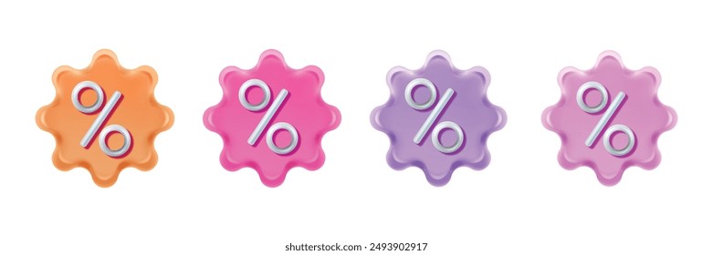 3D sale sticker icon set, vector shopping discount badge, promotional special offer circle coupon. Promo percent voucher, star shape loyalty program round label, bonus button. 3D sticker collection