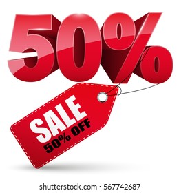 3d Sale tag, 50 percent off, vector illustration