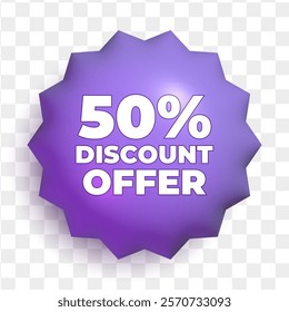 3d sale tag. Purple blue shining badge with 50 percent discount offer