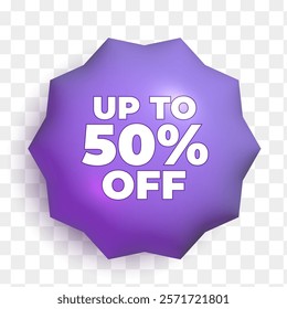 3d sale tag. Purple blue shining badge with 50 percent discount offer