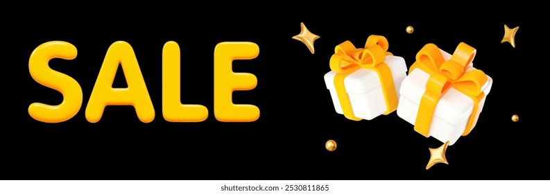 3d Sale text with flying white gift box and stars on black isolated background. Stock vector illustration.	