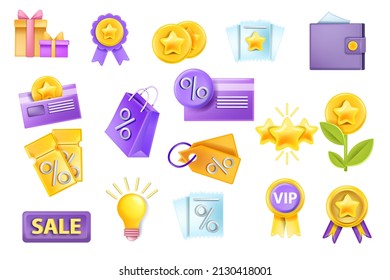 3D Sale Vector Icon Set, Discount Coupon Voucher, Bank Card, Wallet, Loyalty Program Bonus Coin. Shopping Offer Badge, Finance Sticker Collection, VIP Customer Present. 3D Sale Object On White