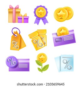 3D sale voucher icon vector set, discount tag, gift coupon, special offer card online business design. Shopping marketing finance badge kit, loyalty customer bonus program. 3D sale present sticker