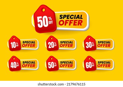 3d sales tag shape with different discount sets. 10, 20, 30, 40, 50, and 60 percent. Badge sticker banner label vector illustration. Isolated on a yellow background