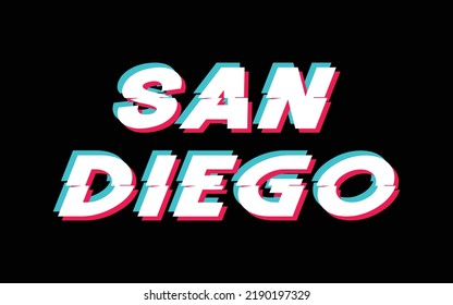 3d San Diego glitch text effect, stylist typography style, with colorful gradient and shadow effect concept, use for logo brand and quote
