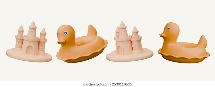 3D sand castle and inflatable duck ring. Items for children summer games on coast