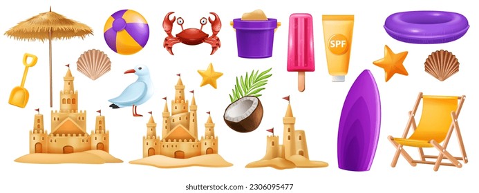 3D sand castle set, beach summer vacation vector clipart kit, kid bucket, red crab, starfish, ball. Cartoon ocean sea shore tower, tropical season object, gull, shell, children game. Coast sand castle svg