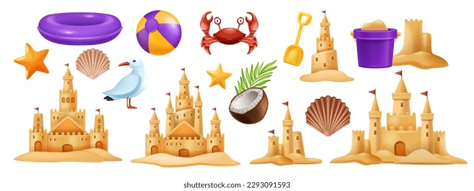 3D sand castle set, summer beach vacation vector clipart kit, kid bucket, red crab, starfish, ball. Cartoon ocean sea shore tower, tropical season object, gull, shell, children game. Coast sand castle svg