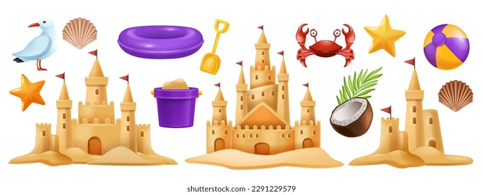 3D sand castle set, vector summer beach vacation clipart kit, kid bucket, red crab, starfish, ball. Cartoon ocean sea shore tower, tropical season object, gull, shell, children game. Coast sand castle svg