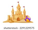 3D sand castle summer illustration, beach kids vacation vector building, bucket, shovel, sea star. Cartoon travel architecture medieval house, children outdoor tropical game. Sand castle shore clipart