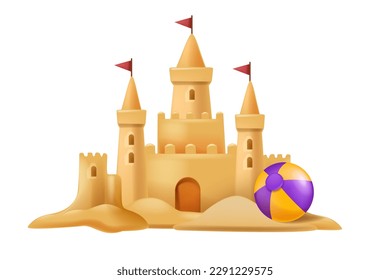 3D sand castle summer illustration, beach kids vacation vector building, bucket, shovel, sea star. Cartoon travel architecture medieval house, children outdoor tropical game. Sand castle shore clipart