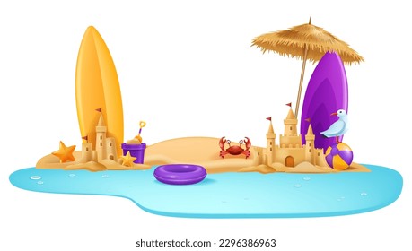 3D sand castle, vector summer beach clipart, cartoon ocean shore, exotic sea holiday vacation. Children tropical game tower, sun umbrella, surfboard, seaside crab bucket. Yellow sand castle season svg