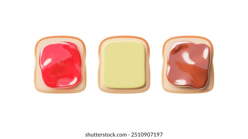 3d sandwiches with white bread, butter, red jam and chocolate paste on a white background. A nutritious and fresh option for breakfast or a delicious snack