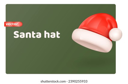 3d santa cap. Render saint claus hat isolated mockup, merry christmas or new year head decoration, festive red hats xmas party winter holiday realistic detail vector illustration of 3d accessory cap