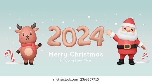 3d Santa Claus, 2024 numbers and cute reindeer waving hand. Christmas characters in cartoon style. Realistic elements. New Year banner. Vector illustration. 3d rendering.