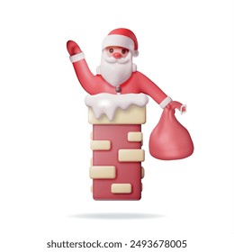 3D Santa Claus with Bag with Gifts in House Chimney Isolated. Render Cartoon Santa Stuck in Pipe. Merry Christmas Eve Holiday. New Year and Xmas Celebration. Realistic Vector Illustration