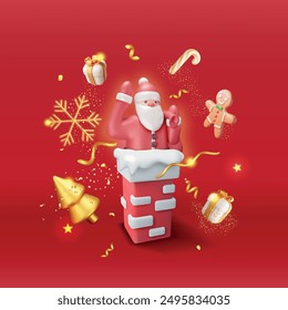 3D Weihnachtsmann mit Tasche mit Geschenken im Haus Schornstein Banner. Render Cartoon Santa in Pipe stecken. Frohe Weihnachtsfeiertage. Neujahr und Weihnachtsfeier. Realistische Vektorgrafik