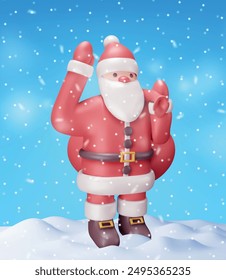 3D Santa Claus Character with Gift Bag in Snow. Render Standing Christmas Santa. Happy New Year Decoration. Merry Christmas Holiday. New Year and Xmas Celebration. Realistic Vector Illustration