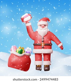 3D santa claus character with gift bag in snow. Render standing christmas santa. Happy new year decoration. Merry christmas holiday. New year and xmas celebration. Realistic vector illustration