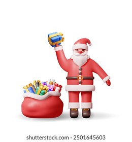 3D santa claus character with gift bag isolated. Render standing christmas santa. Happy new year decoration. Merry christmas holiday. New year and xmas celebration. Realistic vector illustration