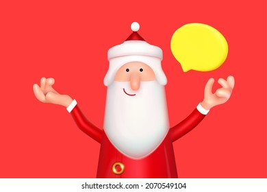 3D Santa Claus character with speech bubble. Season offer. Christmas sale design.