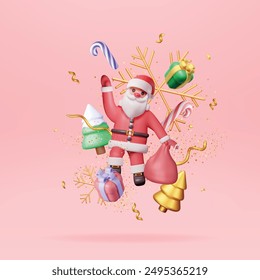 3D Santa Claus with Gift Bag and Christmas Tree. Render Happy New Year Decoration. Merry Christmas Holiday. New Year and Xmas Celebration. Realistic Vector Illustration