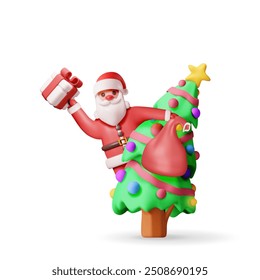 3D santa claus with gift bag and christmas tree. Render happy new year decoration. Merry christmas holiday. New year and xmas celebration. Realistic vector illustration