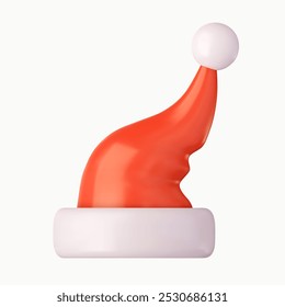 3d Santa Claus hat. Realistic red santa hat. New Year red hat. 3d rendering. Vector illustration