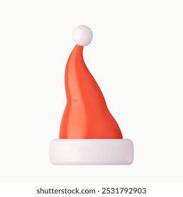 3d Santa Claus hat. Realistic red santa hat. New Year red hat. 3d rendering. Vector illustration