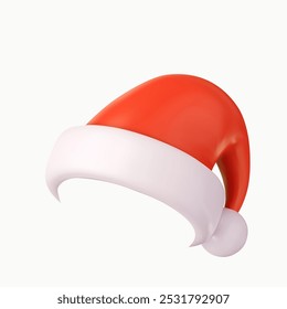 3d Santa Claus hat. Realistic red santa hat. New Year red hat. 3d rendering. Vector illustration