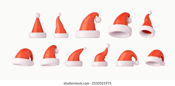 3d Santa Claus hat set. Realistic red santa hat. New Year red hat. 3d rendering. Vector illustration