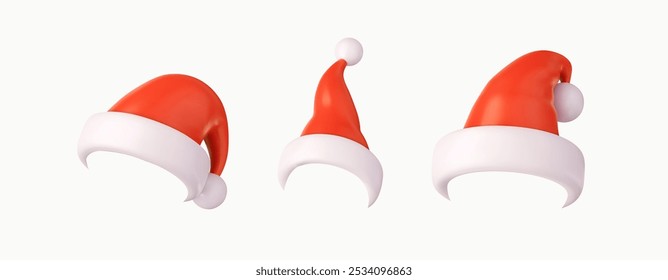 3d Santa Claus hat set. Realistic red santa hat. New Year red hat. 3d rendering. Vector illustration