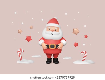 El Santa Claus 3D con las manos en el vientre, el plumón y el lindo personaje navideño. Rentabilidad de estrellas y caramelos, nieve. Vector de Año Nuevo ilustración mínima en estilo plástico de dibujos animados. Mascota de invierno.