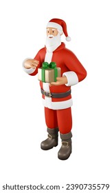 Ilustración vectorial 3D de Santa Claus. Caricatura de Navidad con un regalo