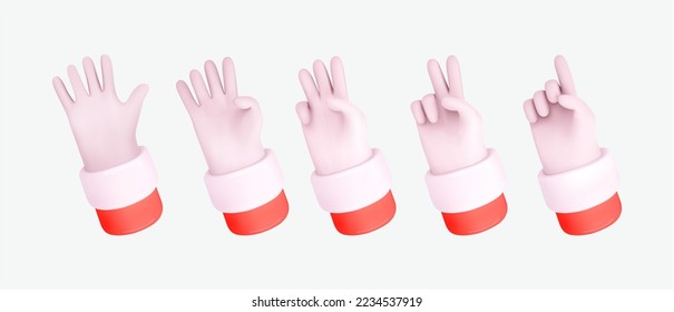 3d santa hands emoji. Pointing fingers gestures icon. Christmas design element.Hand up. Index finger up,victory icon,palm.Render realistic vector cartoon style.