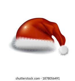 3d Santa hat for the Christmas. Traditional Christmas clothing red for costume party on white background. 3d realistic hat Santa. Vector illustration