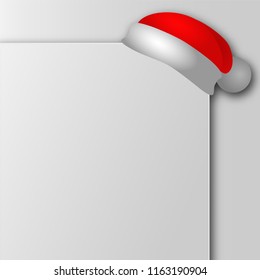 3D Santa hat on board mock up  corner. Vector Clause cap on paper diploma mockup with empty place for your christmas text. New year wish list design element isolated on white background