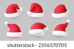 3d santa hats. Christmas hat realistic, modern xmas party red head accessories. New year symbol, winter render caps pithy vector elements
