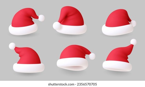 3d santa hats. Christmas hat realistic, modern xmas party red head accessories. New year symbol, winter render caps pithy vector elements