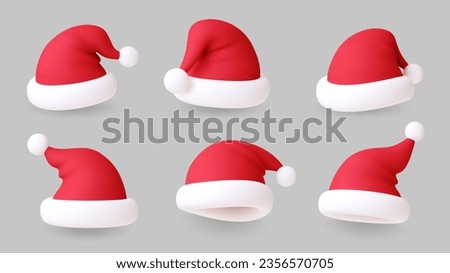 3d santa hats. Christmas hat realistic, modern xmas party red head accessories. New year symbol, winter render caps pithy vector elements