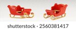 3D Santa sleigh set isolated on transparent background. Vector realistic illustration of magic transport for holiday gifts transportation, red and yellow sled side view, fairytale Christmas carriage