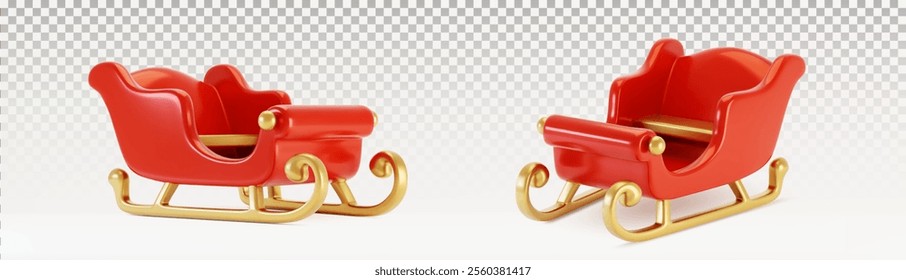 3D Santa sleigh set isolated on transparent background. Vector realistic illustration of magic transport for holiday gifts transportation, red and yellow sled side view, fairytale Christmas carriage