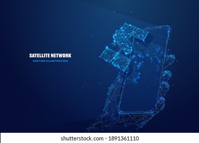 3d satellite and hand holding phone. Satellite network technology, mobile global internet communications concept. Digital polygonal wireframe in dark blue. Abstract vector mesh looks like starry sky