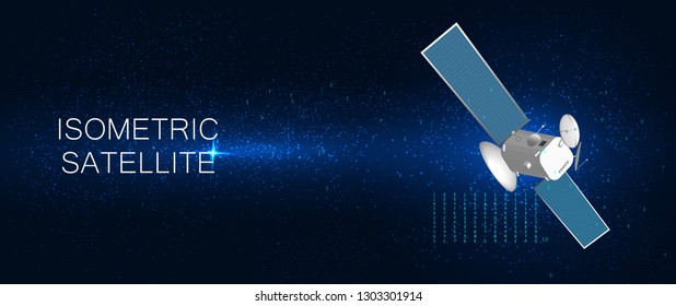 3D satellite isometric background. Futuristic space satellite Illustration and Starry Sky. Technology concept 