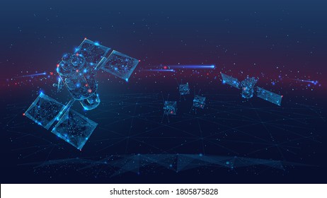 3d satellites polygonal art illustration. Wireless satellite technology, communication or network concept. Abstract vector color wireframe. Digital space dark image with blue lines, dots and stars
