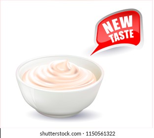 3d Sauce.Realistic White Bowl With Sour Cream.Isolated on white.